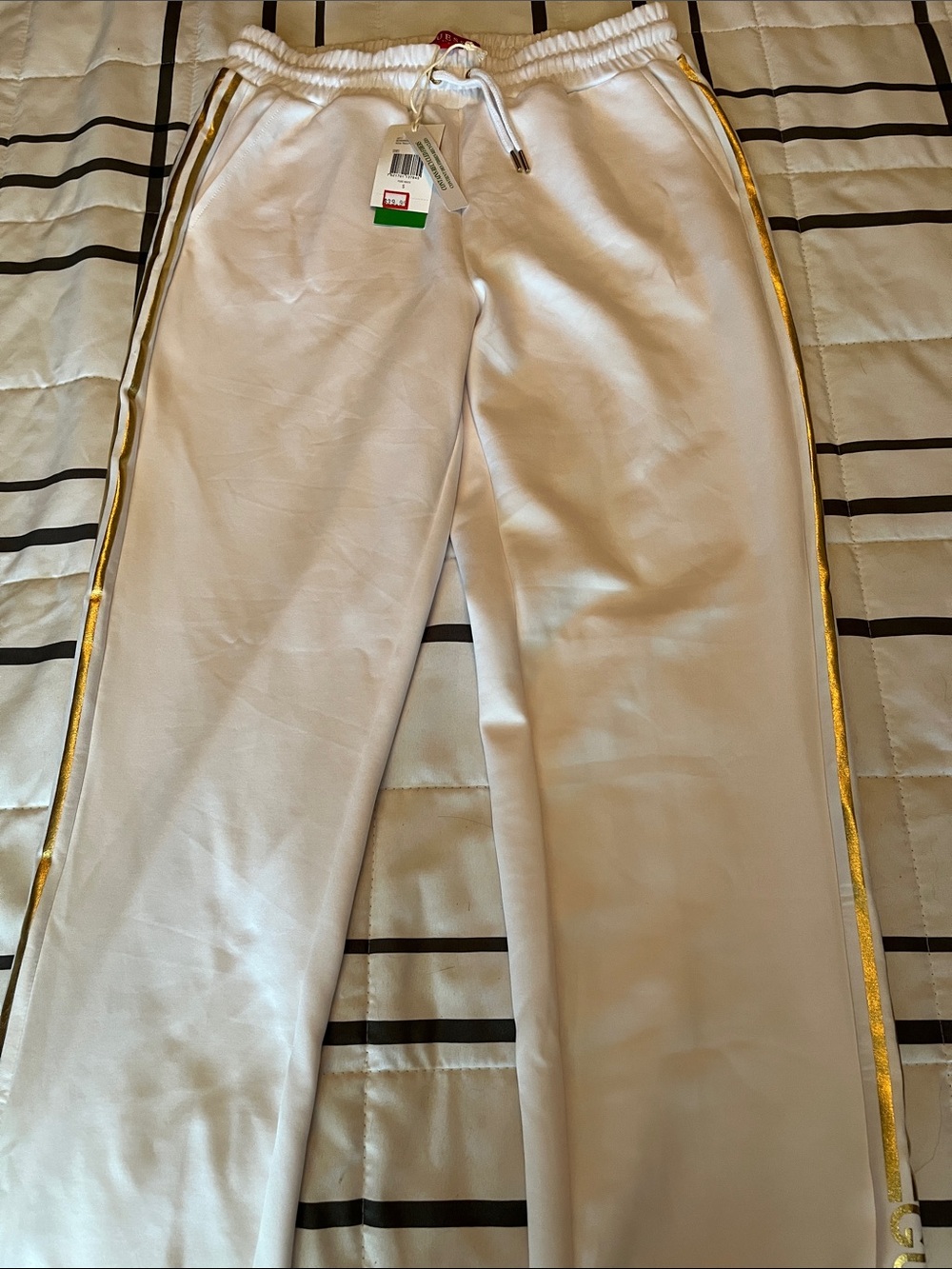 Guess White Track Pants with Gold Side Trim